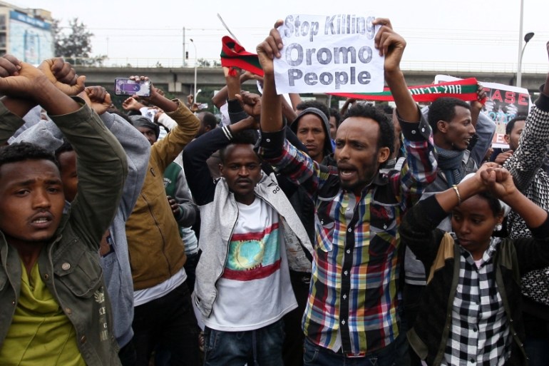 Protesters chant slogans during a demonstration over what they say is unfair distribution of wealth in the country at Meskel Square in Ethiopia''s capital Addis Ababa