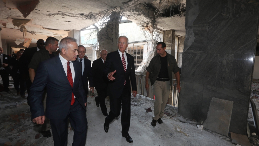 US Vice President Joe Biden inspected the Turkish parliament which was partially destroyed during last month failed coup attempt during his one day visit to Ankara [EPA]