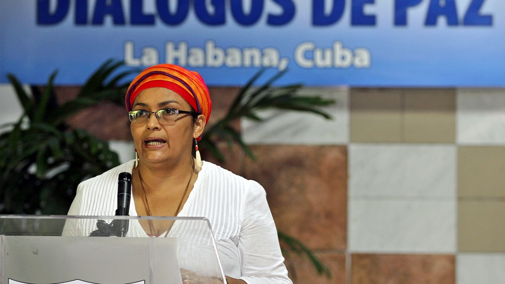 FARC commander Victoria Sandino speaks to journalists in Havana, Cuba, on May 21, 2015, during peace talks with the Colombian government [Alejandro Ernesto/EPA]
