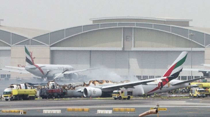 Emirates Airline flight is seen after it crash-landed at Dubai International Airport