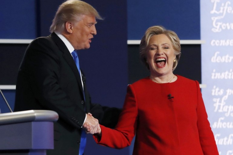Republican presidential nominee Trump greets Democratic nominee Clinton after first presidential debate at Hofstra University in Hempstead