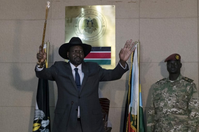 South Sudan''s President Salva Kiir addresses delegates during the swearing-in ceremony of First Vice President Taban Deng Gai at the Presidential Palace in the capital of Juba