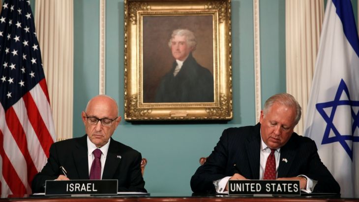 US and Israeli officials sign ten year security pact at State Department in Washington