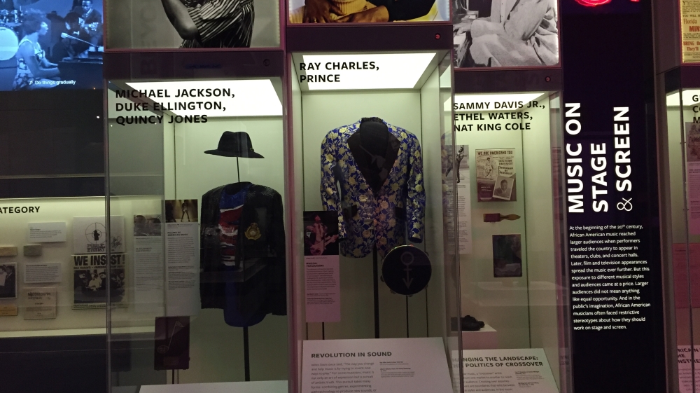 
On the last floor of the museum, African American heritage and culture is celebrated. On display: Michael Jackson's fedora, Prince's tambourine, Ray Charles' jacket [Dalia Hatuqa/Al Jazeera]
