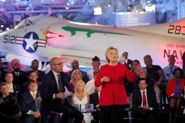 U.S. Democratic presidential candidate Hillary Clinton speaks at a presidential candidates "Commander-in-Chief" forum aboard the decommissioned aircraft carrier "Intrepid" in New York