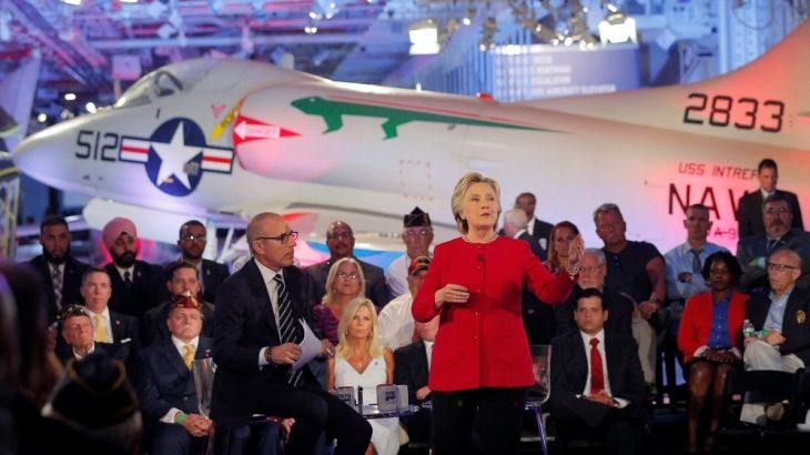 U.S. Democratic presidential candidate Hillary Clinton speaks at a presidential candidates "Commander-in-Chief" forum aboard the decommissioned aircraft carrier "Intrepid" in New York