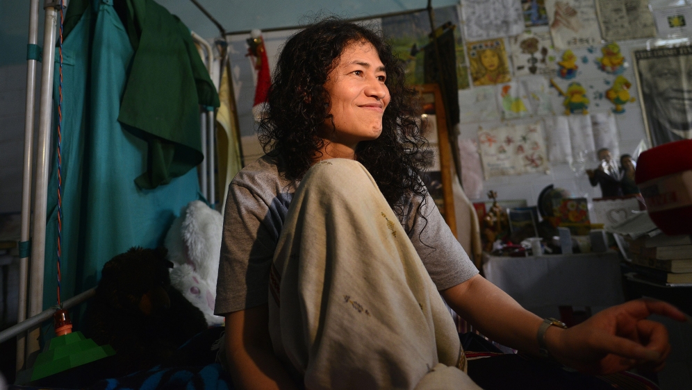 Irom Chanu Sharmila, the so-called 'Iron Lady' seen in the special ward of the Jawaharlal Nehru hospital after breaking a 16-year-long fast in Imphal, Manipur [EPA/STR]