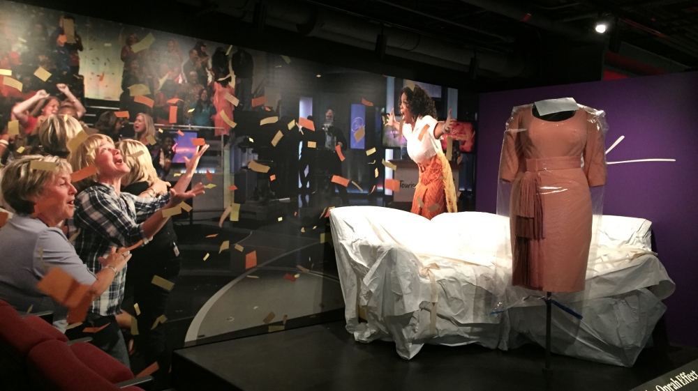 
Oprah Winfrey's couch and dress from her final show on a reconstructed 