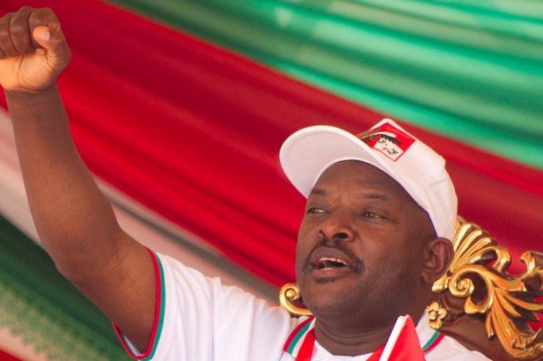 Burundi''s President Pierre Nkurunziza salutes supporters as he attends the ruling CNDD-FDD party extraordinary congress in Gitega Province Burundi