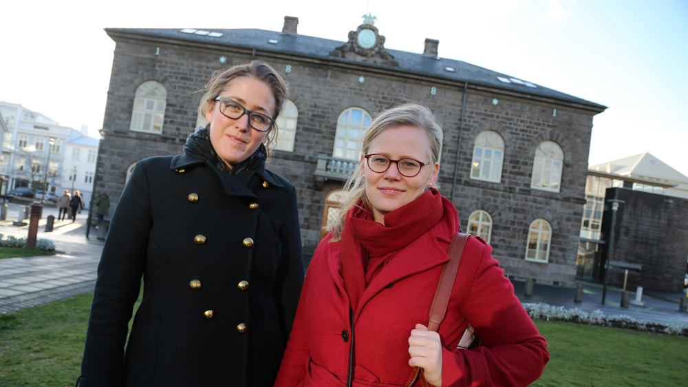 Pirate Party members Oktavia Hrund Jonsdottir and Asta Gudrun Helgadottir [Micah Garen/Al Jazeera]