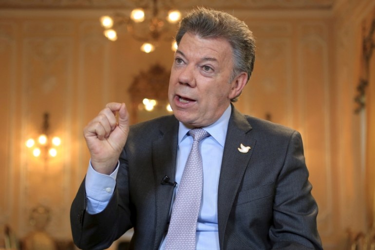 Colombia''s President Santos speaks during a Reuters interview at the presidential palace in Bogota