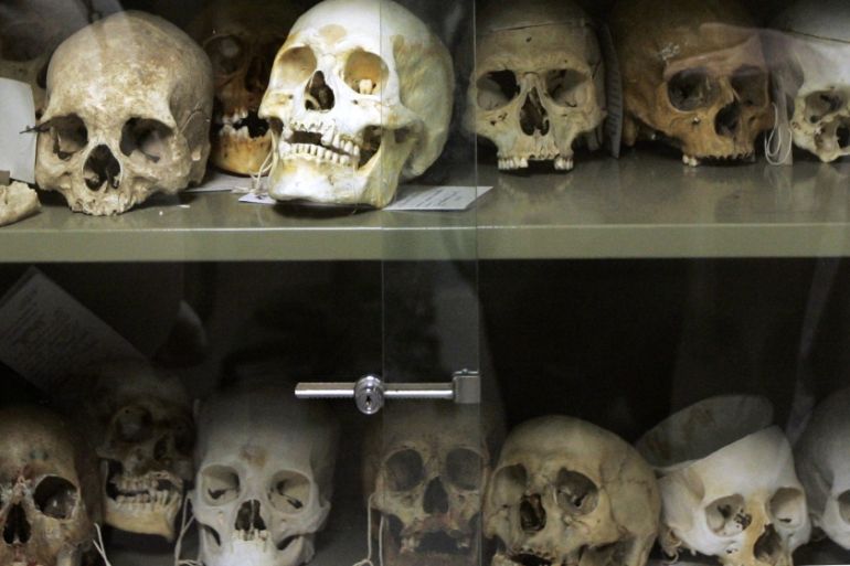 Human skulls sit in a cabinet at the Jalisco Institute of Forensic Sciences in Guadalajara