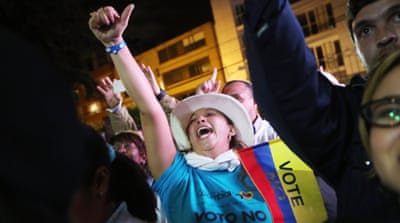 'No' supporters celebrate at a rally following their victory in the referendum on a peace accord in Bogota, Colombia [Getty]
