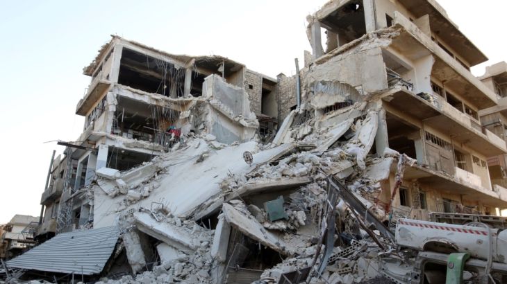 A damaged site is pictured after an airstrike in the besieged rebel-held al-Qaterji neighbourhood of Aleppo