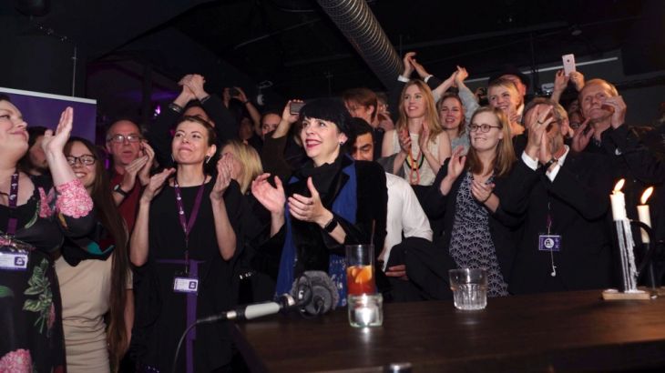 Birgitta Jonsdottir of the Pirate Party and fellow pirates celebrate the incoming results of parliamentary elections in Iceland