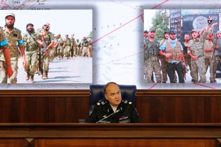 Russian Deputy Defence Minister Antonov speaks during news briefing on situation in Syria at Russian Defense Ministry in Moscow