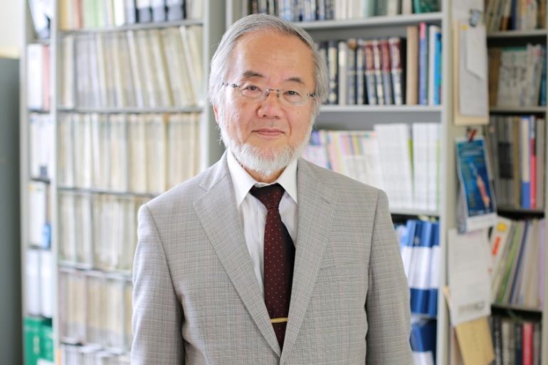 Ohsumi, a professor in Tokyo Institute of Technology is seen at his laboratory office in Yokohama