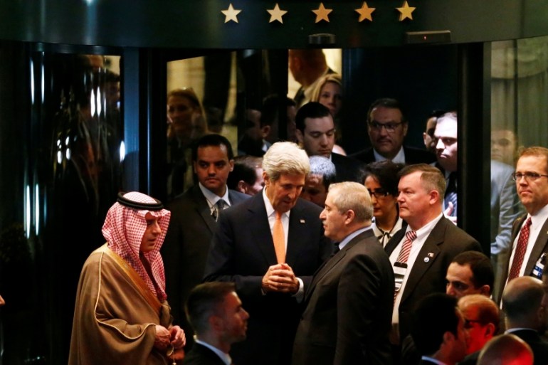 Kerry with Saudi Arabia''s Foreign Minister Adel al-Jubeir and Jordan''s Foreign Minister Nasser Judeh after a round of Syria talks at the Beau-Rivage Palace in Lausanne, Switzerland [Reuters]
