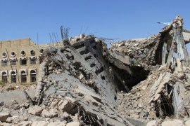 View of a municipal board building after it was destroyed by Saudi-led air strikes in the northwestern city of Saada, Yemen