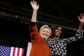 U.S. Democratic presidential candidate Hillary Clinton and U.S. first lady Michelle Obama in Winston-Salem