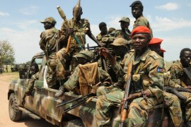 Sudan People''s Liberation Army (SPLA) forces patrol the camp of Lalo, close to Malakal, South Sudan