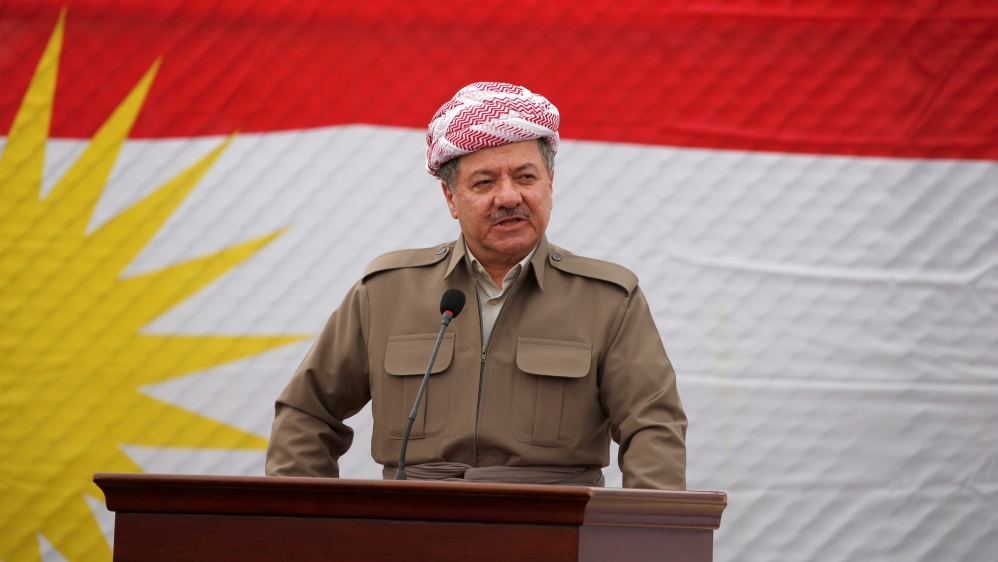  During a visit to Bashiqa, Kurdish leader Massoud Barzani said that his forces would not be withdrawing  from recently recaptured areas    [Azad Lashkari/Reuters]