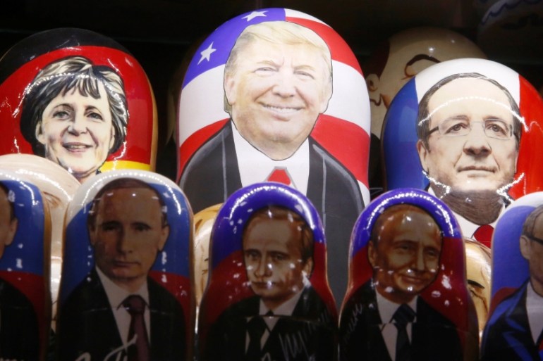 Painted Matryoshka dolls bearing faces of U.S. Republican presidential nominee Trump and Russian President Putin are displayed for sale at souvenir shop in Moscow