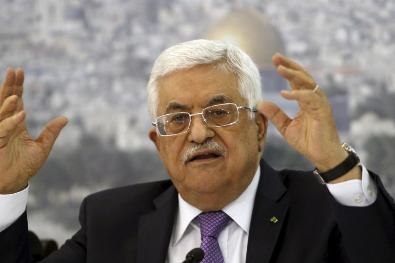 File photo of Palestinian President Mahmoud Abbas gesturing as he meets Palestinian businessmen at his office in the West Bank city of Ramallah