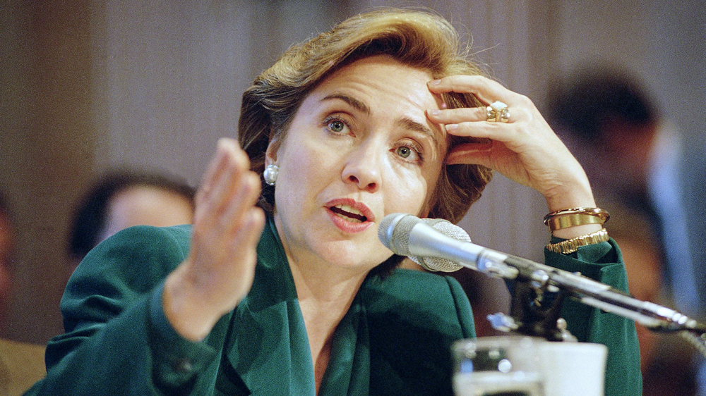 
First Lady Hillary Rodham Clinton testifying on Capitol Hill in Washington in 1993, before the Senate Finance Committee on healthcare reform [John Duricka/AP]

