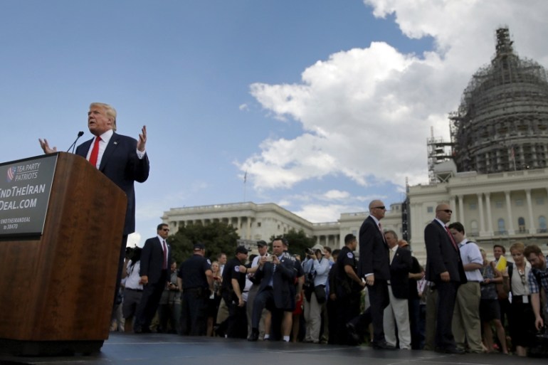 U.S. Republican presidential candidate Trump addresses a Tea Party rally against the Iran nuclear deal at the U.S. Capitol in Washington