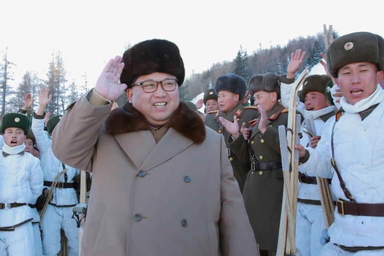 North Korean leader Kim Jong Un provides guidance to the skiing training of the mountain infantry battalion under KPA Unit 1045