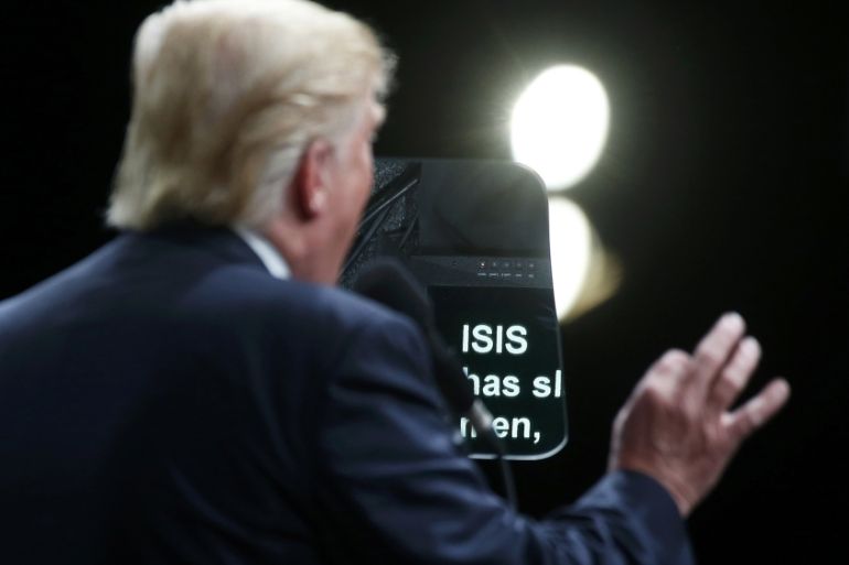 The word Isis is pictured on a teleprompter as Republican presidential nominee Donald Trump speaks at a campaign event in Selma