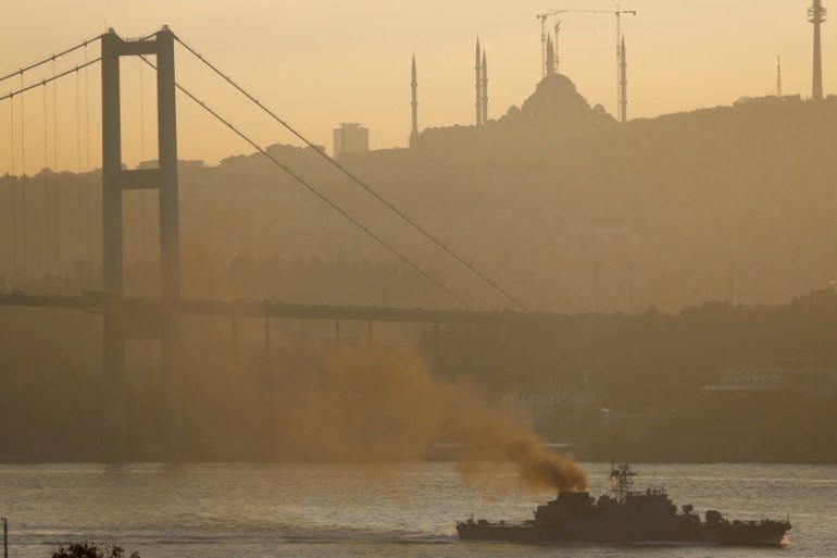 Romania''s navy corvette Contraamiral Horia Macellariu sails in the Bosphorus on its way to the Mediterranean Sea, in Istanbul