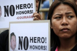 Filipinos protest the burial of former dictator Ferdinand Marcos at the Heroes'' Cemetery in Manila
