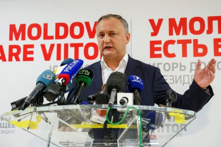 Moldova''s Socialist Party presidential candidate Igor Dodon speaks to the media after a presidential election at his election headquarters in Chisinau