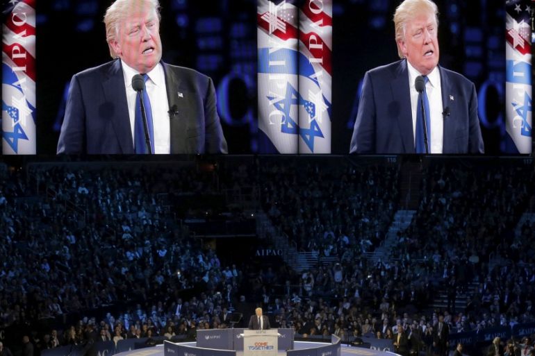 Republican U.S. presidential candidate Donald Trump addresses the American Israel Public Affairs Committee (AIPAC) afternoon general session in Washington