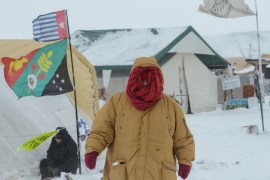 The Oceti Sakowin camp is seen in a snow storm during a protest against plans to pass the Dakota Access pipeline near the Standing Rock Indian Reservation, near Cannon Ball, North Dakota, U.S