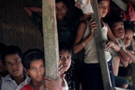 Rohingya Muslim children stand in U Shey Kya village outside Maungdaw in Rakhine state