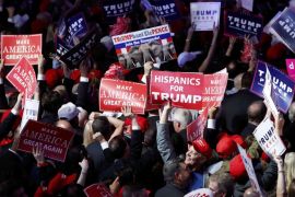 Trump supporters celebrate as election results come in ahead of the rally for Republican U.S. presidential nominee Donald Trump in New York City