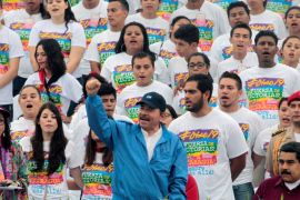 Nicaragua''s President Daniel Ortega greets supporters during celebrations to mark the 37th anniversary of the Sandinista Revolution at the Juan Pablo II square in Managua