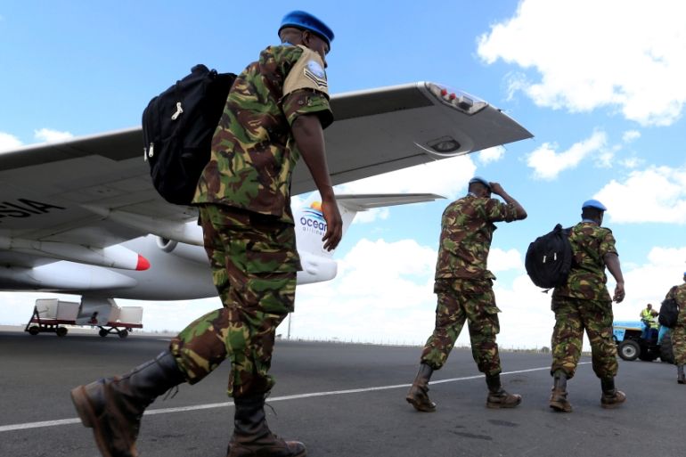 KDF soldiers who had served in the U.N. peacekeeping mission in South Sudan arrive at the Jomo Kenyatta international airport in Nairobi Kenya