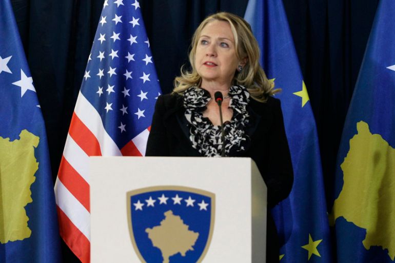 Hillary Clinton talks during a joint news conference following meetings at the Prime Minister''s Office in Pristin