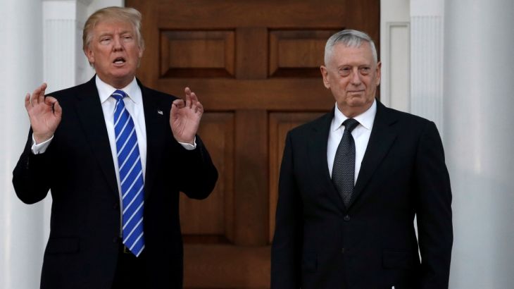 File picture of U.S. President-elect Donald Trump with retired Marine Gen. James Mattis following their meeting at the main clubhouse at Trump National Golf Club in Bedminster