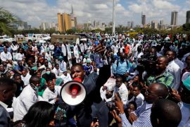 Ouma Oluga, Secretary-General of the Kenya Medical Practitioners, Pharmacists and Dentist Union, addresses doctors during a strike in Nairobi