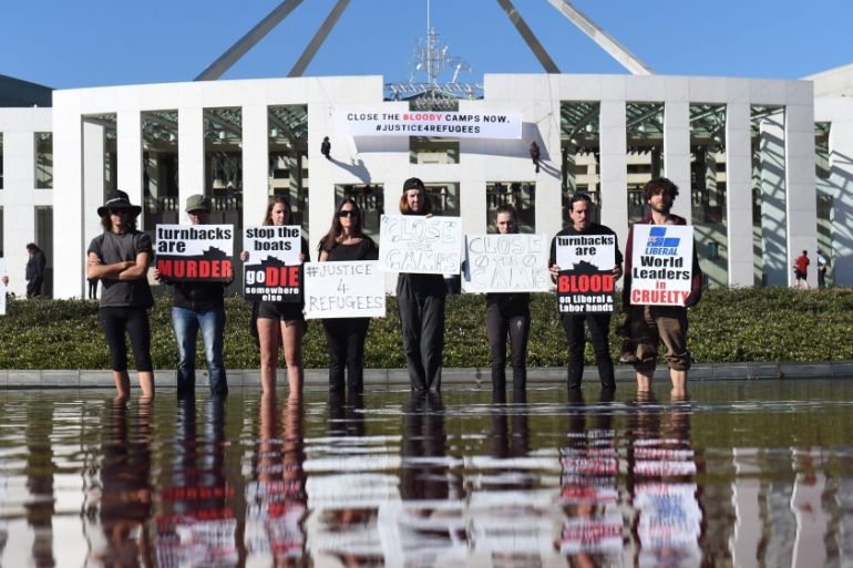 Protest against the Australian government''s handling of asylum seekers outside Parliament House in Canberra, Australian Capital Territory
