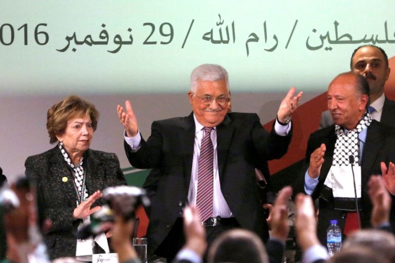 Palestinian President Mahmoud Abbas gestures during Fatah congress in the West Bank city of Ramallah