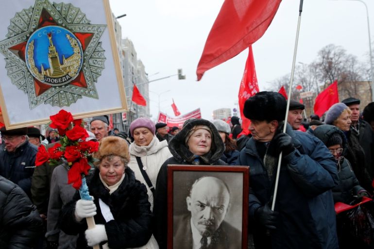 Russian communist supporters attend a rally marking the anniversary of the 1917 Bolshevik revolution in Moscow