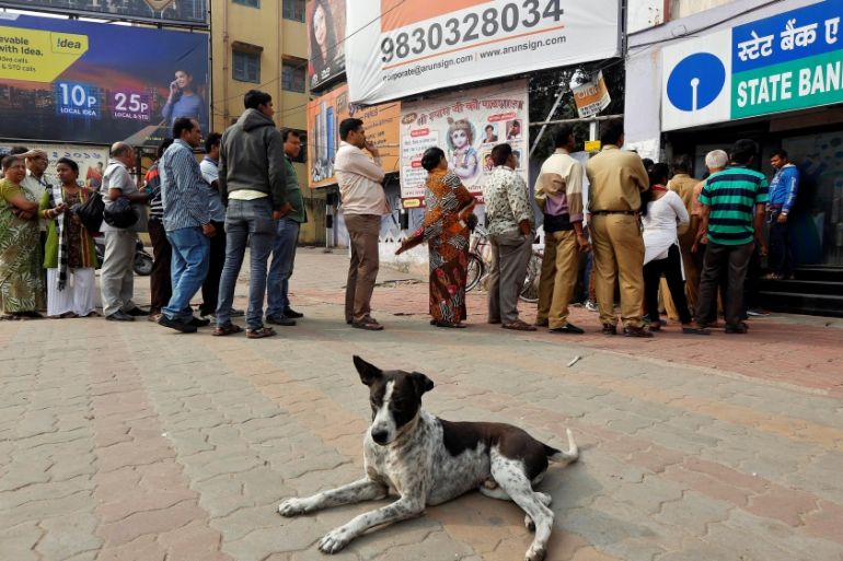 A stray dog rests as people queue outside an ATM to withdraw cash in Kolkata