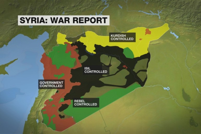 Syria map showing government, rebel, isil and kurdish territories