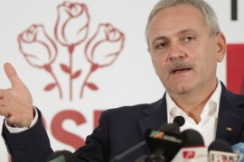 Leader of Romania''s leftist Social Democrat Party (PSD), Liviu Dragnea, gestures during a press conference following the end of the parliamentary elections, in Bucharest
